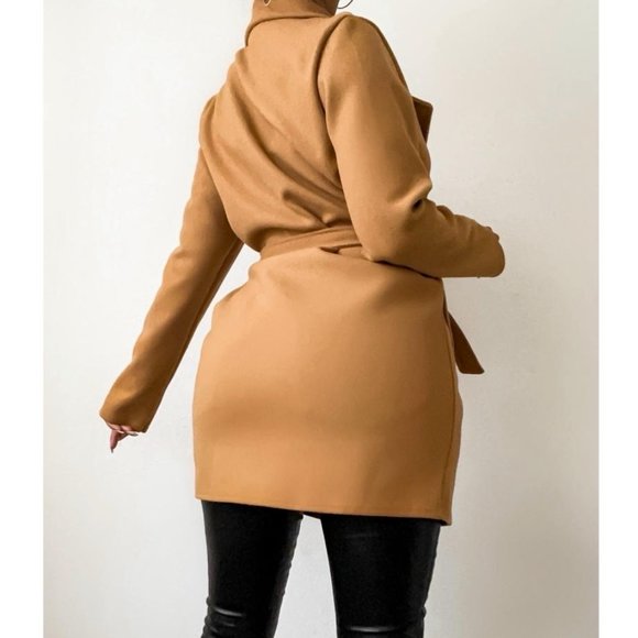 Camel Wool Blend Long Sleeve Belted Coat - Picture 5 of 11